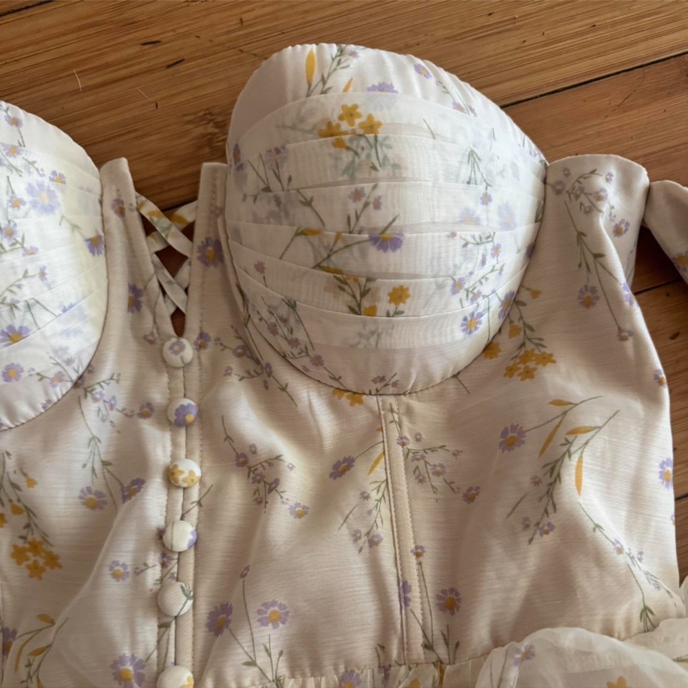 Off-Shoulder Cream Floral Ruffle Mini Dress - Picture 2 of 3